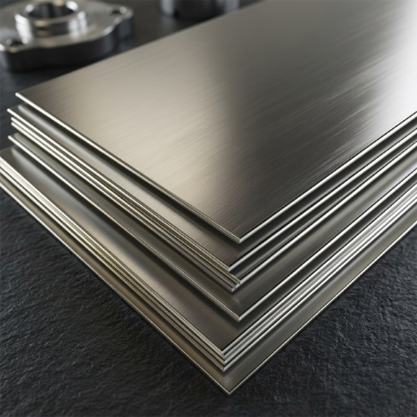 Bundles of ASTM A240 304 and EN X5CrNi18-10 stainless steel sheets and plates stacked in a manufacturing factory yard in India.
